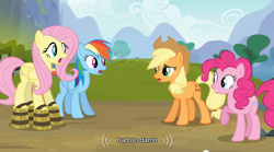 Size: 640x355 | Tagged: safe, derpibooru import, screencap, applejack, fluttershy, pinkie pie, rainbow dash, earth pony, pegasus, pony, spike at your service, bucket sandals, female, mare, meme, youtube caption