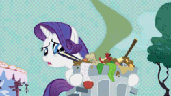 Size: 476x269 | Tagged: safe, screencap, rarity, pony, unicorn, party of one, animated, female, mare, near vomit, smelly, sock, solo, trash, trash can, visible stench