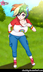 Size: 599x1000 | Tagged: safe, artist:clouddg, derpibooru import, rainbow dash, equestria girls, legend of everfree, breasts, clothes, converse, female, grass, human coloration, looking at you, multicolored hair, open mouth, pants, rainboob dash, shirt, shoes, solo, standing