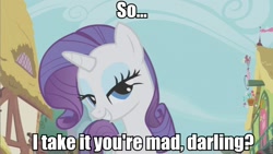 Size: 853x480 | Tagged: safe, edit, edited screencap, screencap, rarity, pony, unicorn, female, image macro, mare, smiling, smirk, solo, u mad