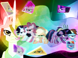 Size: 1600x1200 | Tagged: safe, artist:exnaider, derpibooru import, applejack, fluttershy, pinkie pie, princess celestia, rainbow dash, rarity, twilight sparkle, alicorn, earth pony, pegasus, pony, unicorn, angry, female, mane six, mare, unamused, wallpaper