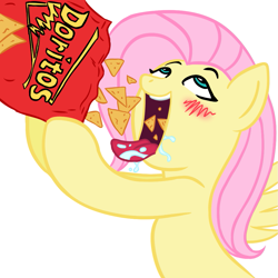 Size: 945x945 | Tagged: safe, artist:megasweet, artist:noobpwner, fluttershy, pegasus, pony, ahegao, blushing, doritos, drool, eating, female, mare, product placement, simple background, solo, white background