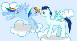 Size: 900x481 | Tagged: safe, artist:iferneh, rainbow dash, soarin', pegasus, pony, blushing, female, male, old cutie mark, shipping, soarindash, straight