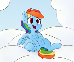 Size: 1280x1081 | Tagged: safe, artist:pabbley, color edit, derpibooru import, edit, rainbow dash, pegasus, pony, belly, belly button, cloud, colored, cute, dashabetes, open mouth, sitting, smiling, solo