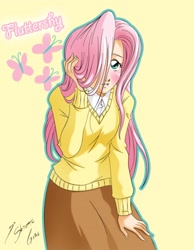 Size: 2362x3048 | Tagged: safe, artist:shinta-girl, fluttershy, human, clothes, female, hair over one eye, high res, humanized, skirt, solo, sweater, sweatershy