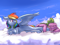 Size: 1280x960 | Tagged: safe, artist:imsokyo, rainbow dash, spike, dragon, pegasus, pony, cloud, cloudy, daily sleeping spike, tumblr