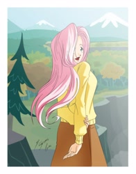 Size: 3331x4245 | Tagged: safe, artist:shinta-girl, fluttershy, human, clothes, female, humanized, open mouth, rear view, skirt, solo, sweater, sweatershy, windswept mane