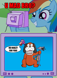 Size: 563x771 | Tagged: safe, artist:saburodaimando, rainbow dash, dog, duck, pegasus, pony, duck hunt, exploitable meme, hilarious in hindsight, meme, metroid, nightmare fuel, obligatory pony, op is a cuck, op is trying to start shit, ridley, smart ass rainbow dash, spoiler, super smash bros., super smash bros. 4, tv meme