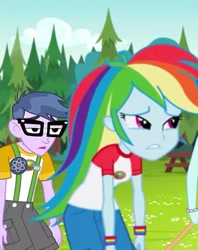 Size: 381x480 | Tagged: safe, derpibooru import, screencap, microchips, rainbow dash, equestria girls, legend of everfree, camp everfree outfits, captain planet's arm, clothes, glasses, pants, shorts