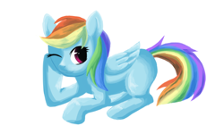 Size: 1000x600 | Tagged: safe, artist:coma392, rainbow dash, pegasus, pony, lying down, pixiv, solo, wink