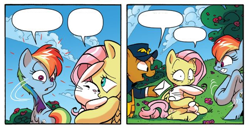 Size: 1272x658 | Tagged: safe, artist:jay fosgitt, derpibooru import, idw, angel bunny, fluttershy, rainbow dash, pegasus, pony, friends forever, blank, comic, exploitable meme, fluttershy got mail, meme, out of context, speech bubble