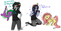 Size: 1159x593 | Tagged: safe, artist:squidbiscuit, fluttershy, spike, dragon, pegasus, pony, crossover, equius zahhak, female, homestuck, l33tspeak, male, mare, scared, simple background, sweat, tail hold, terezi pyrope, trembling, troll (homestuck), white background
