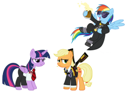 Size: 1200x897 | Tagged: safe, artist:pixelkitties, derpibooru import, applejack, rainbow dash, twilight sparkle, twilight sparkle (alicorn), alicorn, earth pony, pegasus, pony, ammunition belt, crossover, edgar wright, female, gary king, gun, hot fuzz, mare, nicholas angel, scrunchy face, shaun of the dead, shaun riley, shotgun, simple background, the world's end, three flavors cornetto trilogy, transparent background, weapon