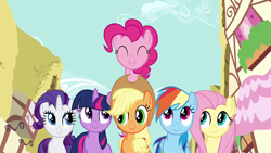 Size: 1280x720 | Tagged: safe, derpibooru import, screencap, applejack, fluttershy, pinkie pie, rainbow dash, rarity, twilight sparkle, earth pony, pegasus, pony, unicorn, a friend in deed, mane six, smile song