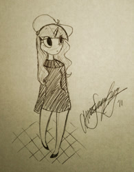 Size: 1024x1311 | Tagged: safe, artist:awesomeamz, rarity, human, beatnik rarity, beret, clothes, female, hat, horned humanization, humanized, monochrome, solo, sweater, traditional art