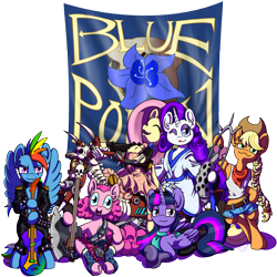 Size: 2000x2000 | Tagged: safe, artist:davidcurser, derpibooru import, applejack, fluttershy, pinkie pie, rainbow dash, rarity, twilight sparkle, twilight sparkle (alicorn), alicorn, earth pony, pegasus, pony, unicorn, band, bass guitar, bipedal, clothes, female, mane six, mare, musical instrument, poison joke