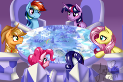 Size: 1800x1200 | Tagged: safe, artist:jack-pie, derpibooru import, applejack, fluttershy, pinkie pie, rainbow dash, rarity, twilight sparkle, twilight sparkle (alicorn), alicorn, earth pony, pegasus, pony, unicorn, commission, cowboy hat, cutie map, female, group, hat, mane six, mare, sitting, smiling, stetson, table