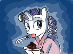 Size: 900x675 | Tagged: safe, artist:aa, rarity, pony, unicorn, abstract background, alternate hairstyle, bathrobe, cake, clothes, eating, female, food, hair curlers, magic, mare, open mouth, plate, robe, sideways glance, solo