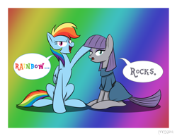 Size: 3300x2550 | Tagged: safe, artist:mofetafrombrooklyn, maud pie, rainbow dash, equestria girls, rainbow rocks, dialogue, gradient background, pun