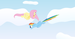 Size: 4500x2352 | Tagged: safe, artist:iscord, fluttershy, rainbow dash, pegasus, pony, female, mare, sky, wings