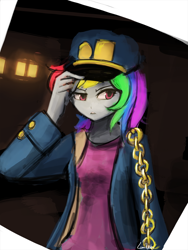 Size: 720x960 | Tagged: safe, artist:lumineko, rainbow dash, human, clothes, crossover, hat, humanized, jojo's bizarre adventure, jotaro kujo, solo