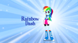 Size: 1280x706 | Tagged: safe, derpibooru import, screencap, rainbow dash, equestria girls, abstract background, blue background, boots, bracelet, clothes, compression shorts, hands on arms, jewelry, looking at you, music video, skirt, socks, solo, sparkles, wristband