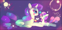 Size: 1024x492 | Tagged: safe, artist:mujinai, rarity, sweetie belle, pony, unicorn, abstract background, bell, blushing, female, filly, heart, mare, pillow, prone, sisters, smiling, stars