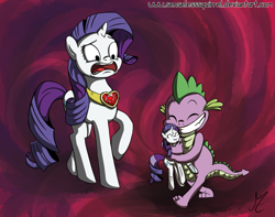 Size: 839x660 | Tagged: dead source, safe, artist:senselesssquirrel, rarity, spike, dragon, pony, unicorn, abstract background, female, fire ruby, grin, hilarious in hindsight, male, mare, plushie, rarity plushie, shipping, shocked, smiling, sparity, straight