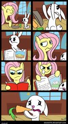 Size: 900x1625 | Tagged: safe, artist:braindps, angel bunny, fluttershy, pegasus, pony, assertive, book, carrot, comic, cookbook, duo, female, mare, threat