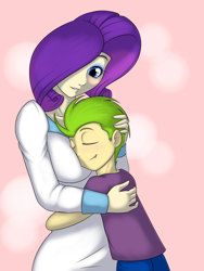 Size: 750x1000 | Tagged: safe, artist:kloudmutt, rarity, spike, human, boob smothering, breasts, female, hug, humanized, male, raritits, shipping, size difference, smaller male, sparity, spikelove, straight