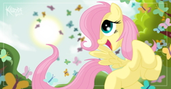 Size: 2300x1200 | Tagged: safe, artist:killryde, fluttershy, butterfly, pegasus, pony, cute, female, hair over one eye, happy, rearing, shyabetes, solo, sun, teenager