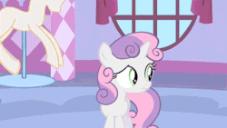 Size: 512x288 | Tagged: safe, screencap, rarity, sweetie belle, pony, unicorn, stare master, animated, bucket, carousel boutique, duo, duo female, female, filly, gem, mannequin, mare, running, yarn