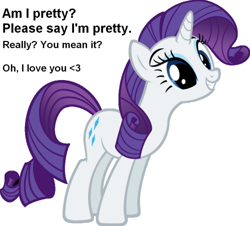 Size: 500x452 | Tagged: safe, rarity, pony, unicorn, bronybait, female, happy, mare, pretty, simple background, smiling, solo, text, vector, white background