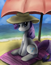 Size: 792x1008 | Tagged: safe, artist:terrac0tta, rarity, pony, unicorn, beach, blanket, female, hat, mare, sitting, solo, sun hat, umbrella