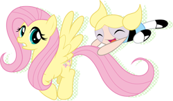 Size: 900x524 | Tagged: safe, artist:volmise, fluttershy, pegasus, pony, bubbles (powerpuff girls), crossover, duo, duo female, female, mare, the powerpuff girls