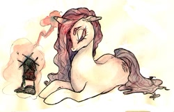 Size: 700x453 | Tagged: safe, artist:muura, rarity, pony, unicorn, craft, female, floppy ears, knitting, magic, mare, prone, solo, thick eyebrows, traditional art, watercolor painting