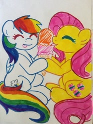 Size: 500x669 | Tagged: safe, artist:leslers, fluttershy, rainbow dash, pegasus, pony, female, flutterdash, ice cream, lesbian, shipping