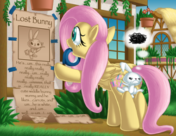 Size: 1400x1082 | Tagged: safe, artist:berrypawnch, angel bunny, fluttershy, pegasus, pony, annoyed, comic, duo, female, flutterbutt, mare, mouth hold, plot, poster, tape, the far side, thought bubble