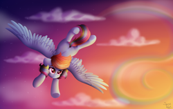 Size: 3000x1900 | Tagged: safe, artist:spirit-dude, derpibooru import, rainbow dash, pegasus, pony, cloud, cute, dashabetes, flying, rainbow, signature, sky, smiling, solo, sunset