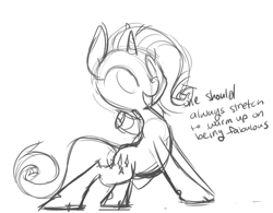 Size: 706x550 | Tagged: safe, artist:php27, rarity, classical unicorn, pony, unicorn, backbend, cloven hooves, cutie mark, female, mare, monochrome, sketch, solo, stretching