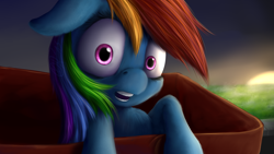 Size: 4184x2354 | Tagged: safe, artist:xormak, derpibooru import, rainbow dash, pegasus, pony, fanfic:my little dashie, absurd resolution, box, cute, dashabetes, filly, filly rainbow dash, floppy ears, fluffy, open mouth, pony in a box, solo, sunset, surprised, uncanny valley