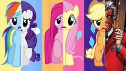 Size: 640x360 | Tagged: safe, derpibooru import, applejack, fluttershy, pinkie pie, rainbow dash, rarity, earth pony, pegasus, pony, unicorn, batman, fun, mane six, one of these things is not like the others, two-face, what my cutie mark is telling me