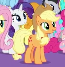 Size: 229x235 | Tagged: safe, derpibooru import, screencap, applejack, bright smile, carrot top, castle (crystal pony), fluttershy, golden harvest, lucky clover, pinkie pie, rainbow dash, rarity, twinkleshine, crystal pony, earth pony, pegasus, pony, unicorn, celestial advice, cowboy hat, cropped, female, hat, mare, picture for breezies, smiling, solo focus