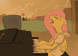 Size: 700x500 | Tagged: safe, artist:swomswom, fluttershy, pegasus, pony, semi-anthro, clothes, eyes closed, female, hoodie, musical instrument, piano, singing, sitting, solo