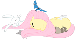 Size: 1250x692 | Tagged: safe, artist:kumkrum, angel bunny, fluttershy, blue jay, ferret, mouse, pegasus, pony, female, mare, on side, simple background, sleeping, transparent background