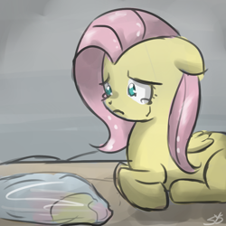 Size: 900x900 | Tagged: safe, artist:speccysy, fluttershy, pegasus, pony, crying, female, floppy ears, mare, prone, reflection, solo