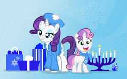 Size: 1755x1097 | Tagged: safe, artist:pixelkitties, rarity, sweetie belle, pony, unicorn, beret, clothes, dreidel, female, hanukkah, hat, jew rarity, jewnicorn, judaism, menorah, present, scarf, sisters, sweater, text