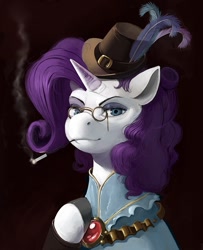 Size: 568x700 | Tagged: safe, artist:kevinsano, rarity, pony, unicorn, cigarette, cigarette holder, glasses, hat, hippo snout, smoking, solo, translucent horn, transparent horn