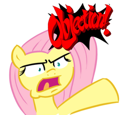 Size: 494x467 | Tagged: safe, fluttershy, pegasus, pony, ace attorney, female, mare, objection, parody, phoenix wright, pointing, solo