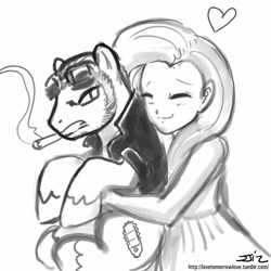 Size: 850x850 | Tagged: safe, artist:johnjoseco, fluttershy, earth pony, human, pony, annoyed, cigarette, crossover, duo, female, grayscale, heart, holding a pony, humanized, jack cayman, madworld, male, monochrome, ponified, smoking, stallion
